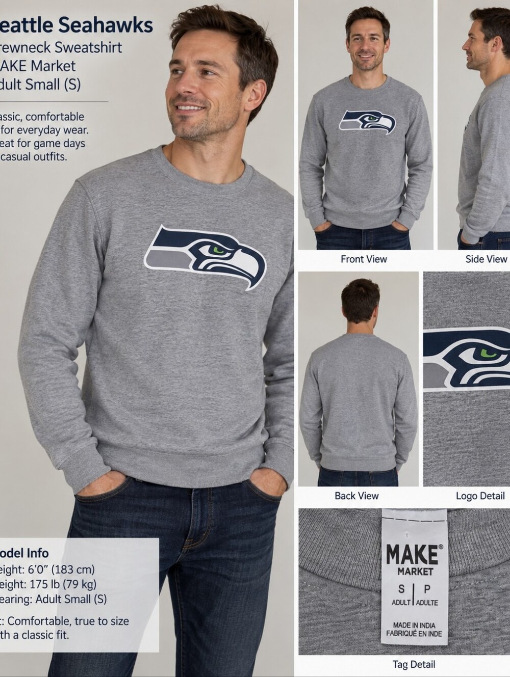 Makers Market Gray Seahawks Crewneck with Navy & Green Logo